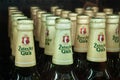 MINSK, BELARUS - December 13, 2019: Bottles of Ã¢â¬ÅZatecky GusÃ¢â¬Â beer in refrigerator of supermarket close up.